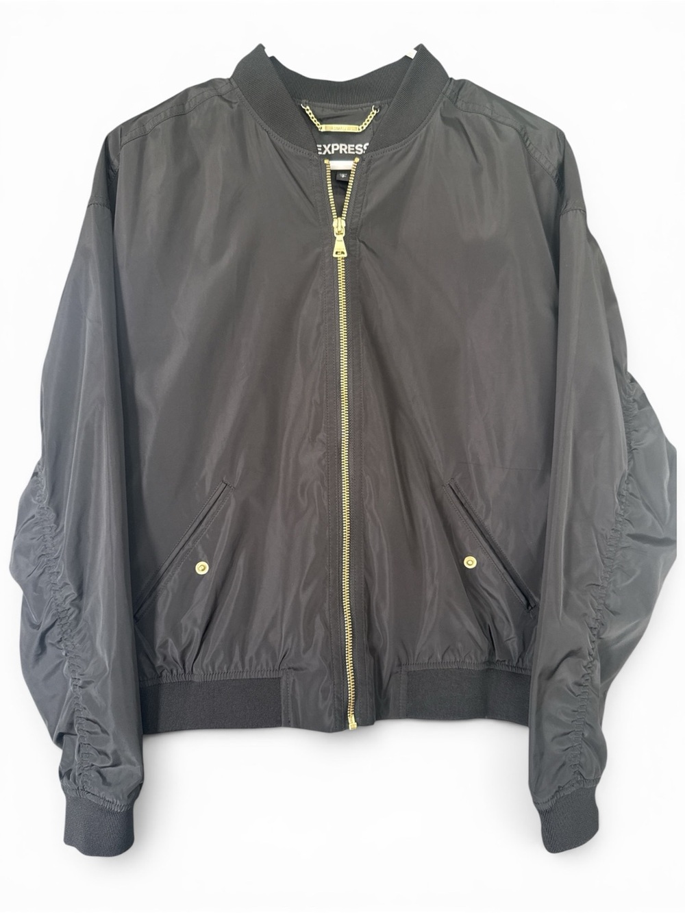 Express Black Bomber Jacket with Gold Zipper Stylish Layer